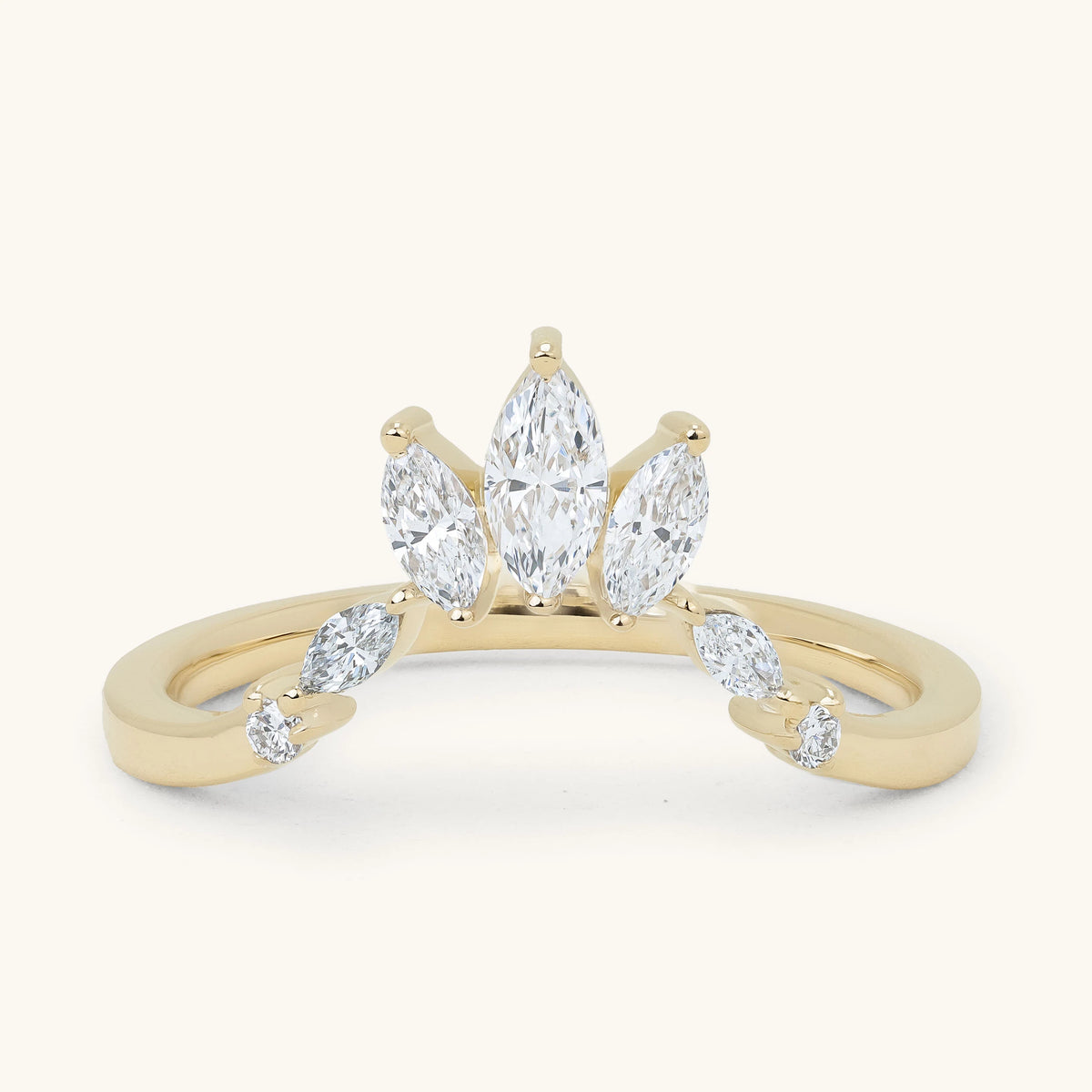 Marquise Round Accent Stone Crown Curved Band Wedding Ring