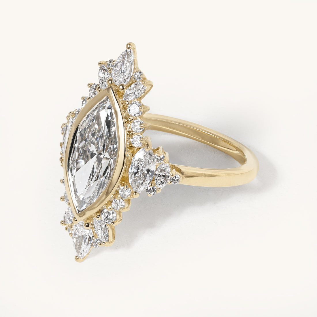 1.59ct Marquise Bezel Halo with Marquise-Round Shoulder Stones and Pear Marquise Crown Engagement Ring