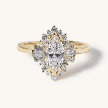 1ct Marquise Claw Solitaire with Tapered Baguette Fan Accents and Round Cluster Halo Engagement Ring
