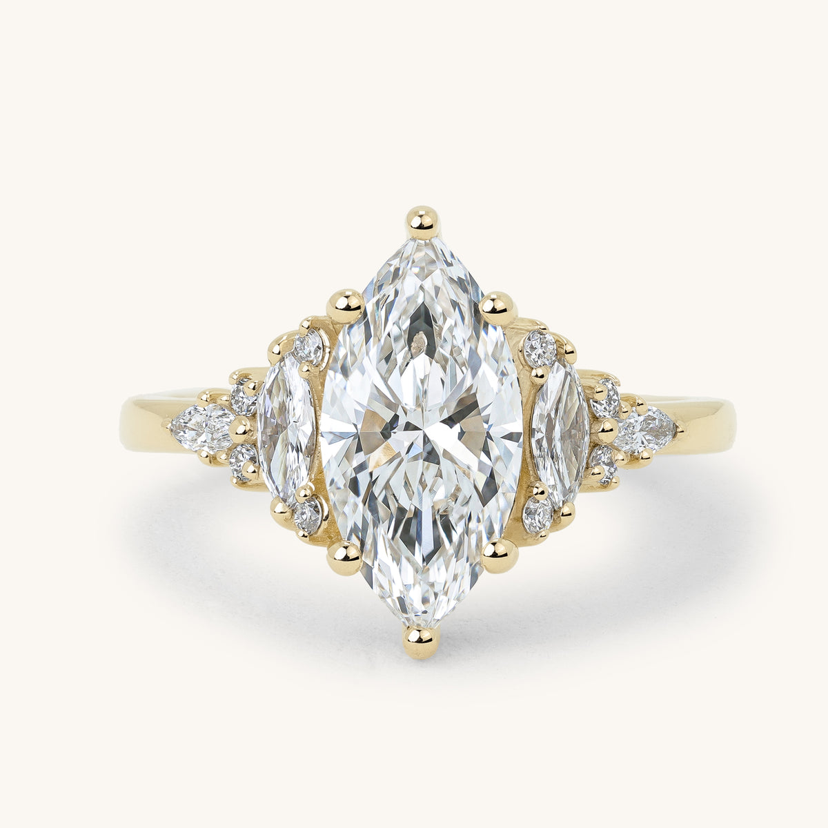 1.56ct Marquise Claw Solitaire with Clustered Round-Marquise Mixed Set Shoulder Stones Engagement Ring