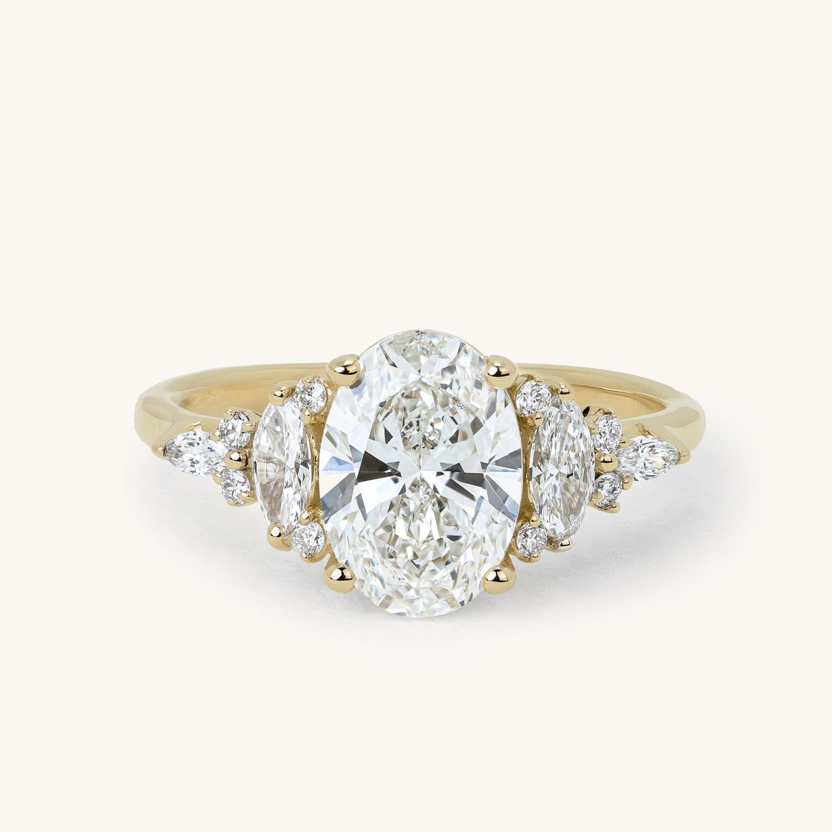 1.54ct Oval Claw Solitaire with Clustered Round-Marquise Side Stones and Cathedral Engagement Ring
