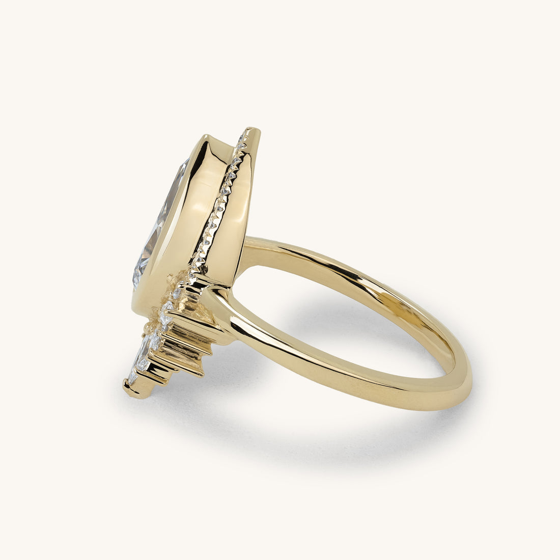 1.52ct Pear Bezel Halo with Marquise Sunburst Crown and Round Diamond Accents Engagement Ring
