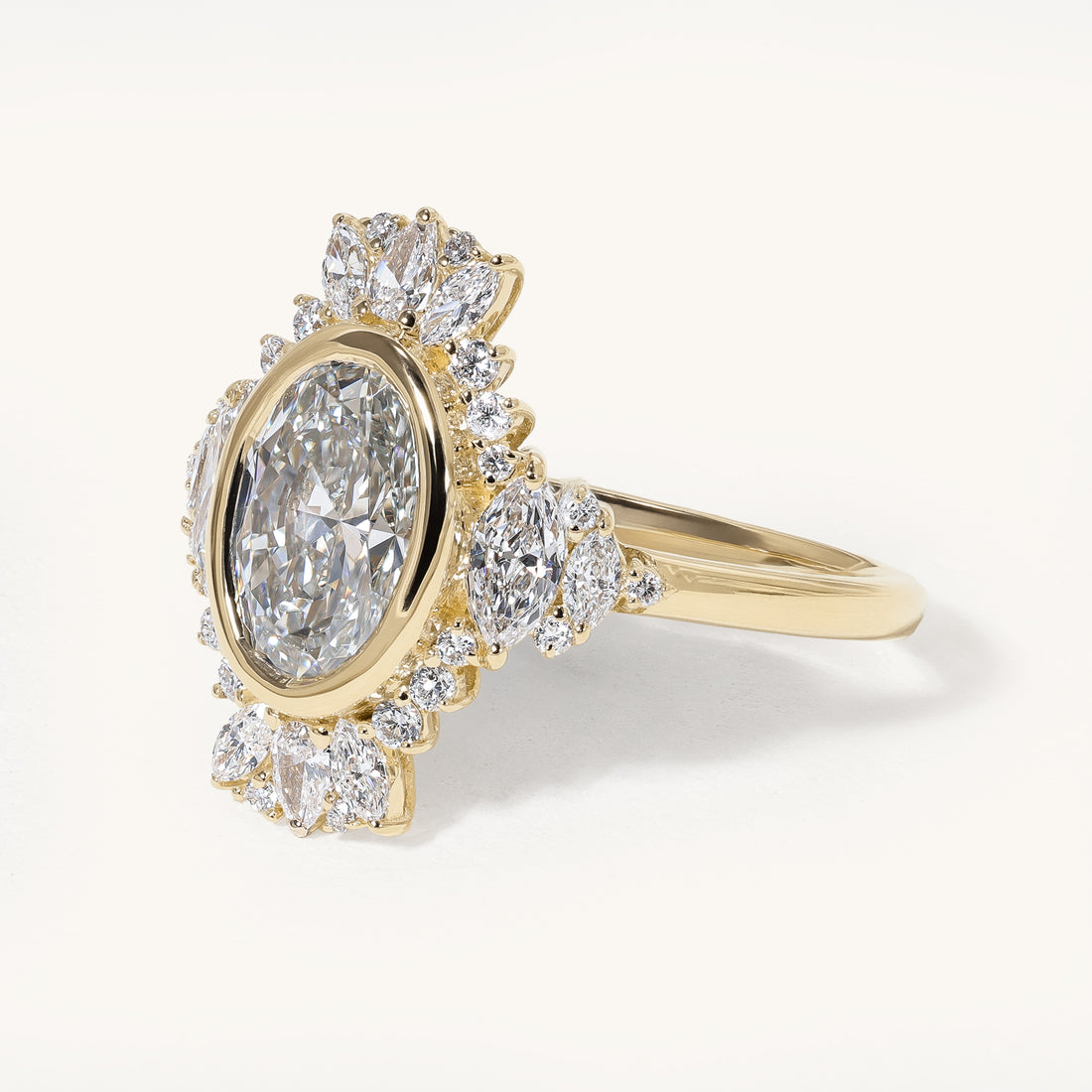 1.52ct Oval Bezel Halo with Marquise-Round Shoulder Stones and Pear Marquise Crown Engagement Ring